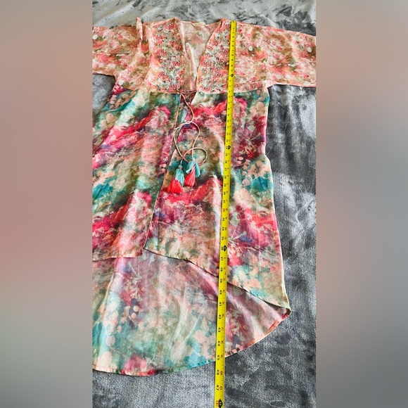 Soft Surroundings Watercolor Beaded Long Cardigan Topper Size L Colorful Beachy - Picture 9 of 13
